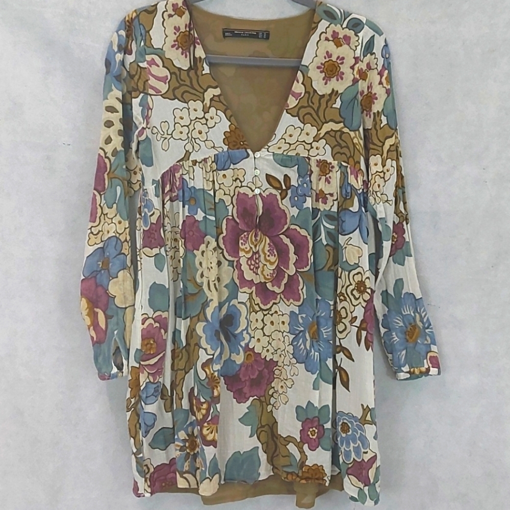 Zara Floral Long Sleeve Dress in Cream, Blue, Pink, Brown